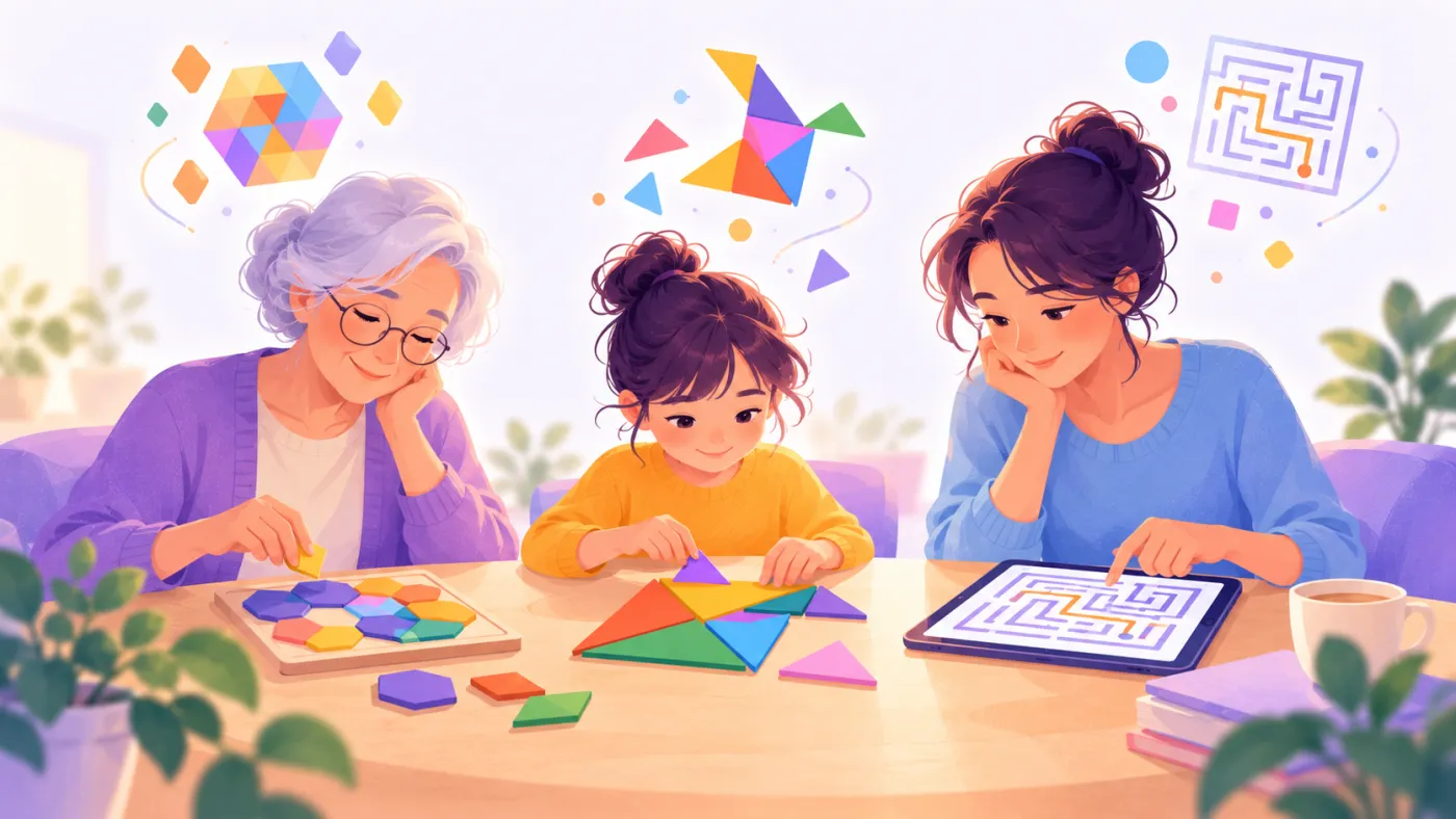 Großmutter, Kind und Mutter lösen gemeinsam am Tisch Denkspiele: Legepuzzle, Tangram und Labyrinth auf dem Tablet