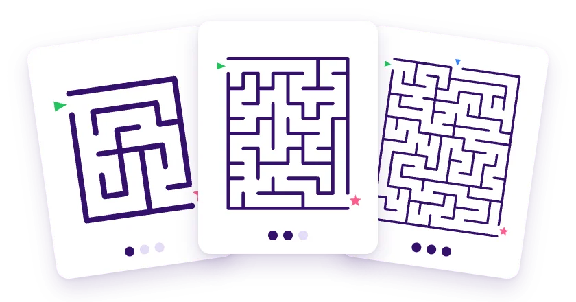 Labyrinth: drei Blätter – leicht, mittel und schwer mit drei Eingängen