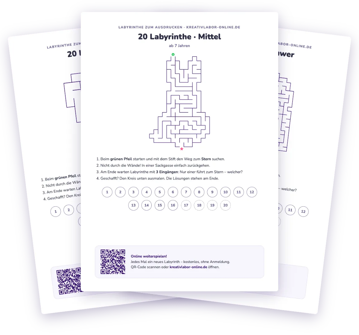 Labyrinthe zum Ausdrucken: drei Hefte – leicht, mittel und schwer