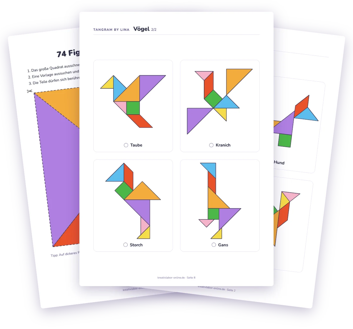 Tangram-Vorlagen: Seiten mit Vogel-Figuren